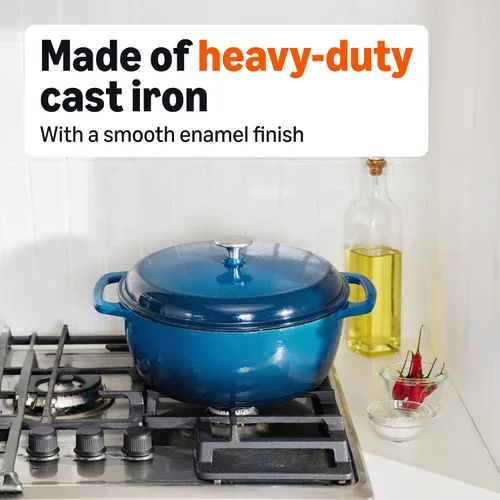 Miniatura 5 de Amazon Basics Olla de horno holandés de hierro fundido con tapa, esmaltada, redonda, doble asa, resistente, pequeña, 4.3 cuartos de galón, azul