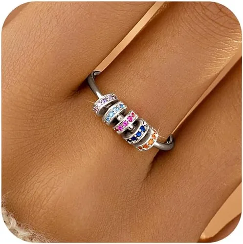 Miniatura 7 de LOVECOM Anillo giratorio de plata de ley S925 antiansiedad, cuentas de circonita cúbica, anillos giratorios para mujeres, delicados anillos chapados