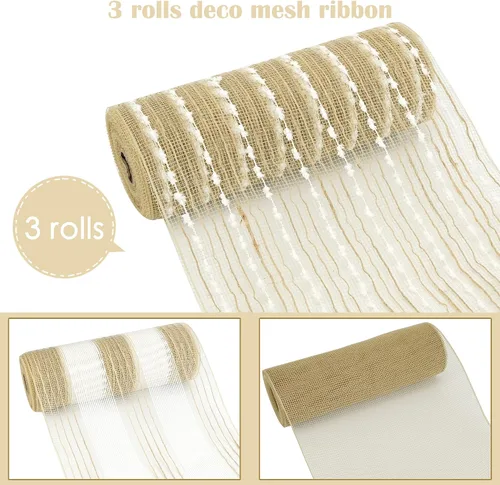 Miniatura 2 de HUIHUANG 3 rollos de cinta decorativa de malla decorativa de arpillera rústica de 10 pulgadas, rollos de cinta de malla decorativa de malla natural