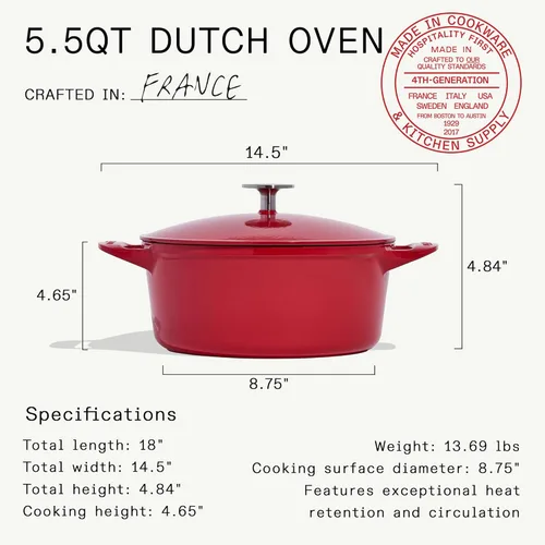 Miniatura 3 de Made In Cookware - Horno Holandés de 5.5 Quart - Rojo - Hierro Fundido Esmaltado - Excepcional Retención de Calor y Durabilidad - Utensilios