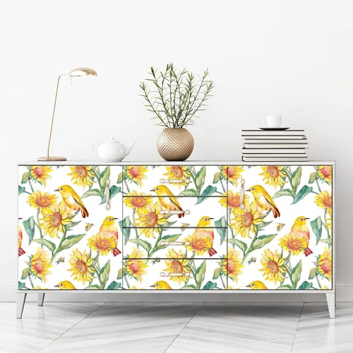 Miniatura 7 de VaryStyle Papel tapiz vintage de girasol de 17.7 x 118 pulgadas, acuarela amarillo brillante/verde, pájaros florales, despegar y pegar, papel
