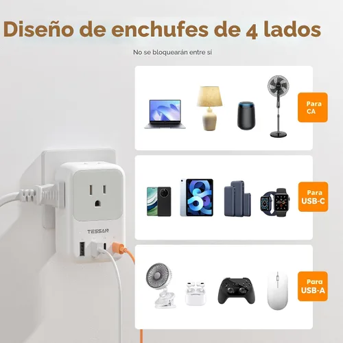 Miniatura 6 de TESSAN Bloque de cargador USB C de 20 W PD, adaptador de carga rápida con enchufe plegable, extensor de toma de corriente de 1875 W (4 CA y 4 USB)