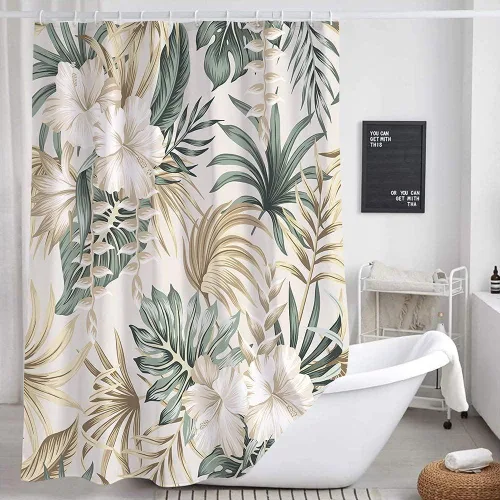 Miniatura 2 de DYNH Cortina de ducha para baño, diseño de plantas tropicales, plantas tropicales, caravanas, hojas de palmera verde salvia, beige, bonita