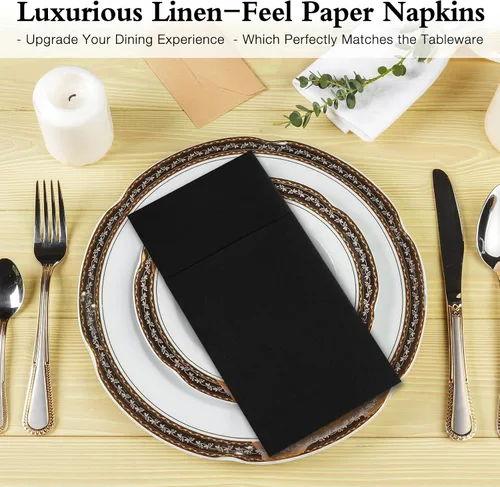 Miniatura 9 de Servilletas negras desechables con sensación de lino con bolsillo integrado para cubiertos, preplegadas para cuchillos y tenedores, servilletas