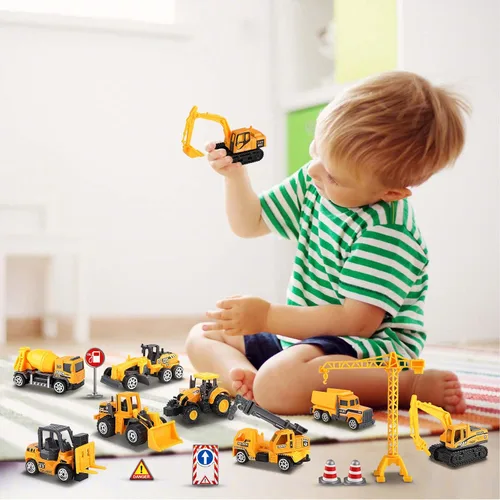 Miniatura 6 de Oriate 28 piezas de juguetes de construcción para niños, 12 piezas de juguetes de vehículos de construcción en miniatura con remolque de transporte