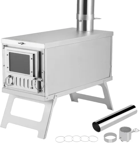 Estufa de tienda de campaña de acero inoxidable 304, ultraligera, plegable, portátil, estufa de leña con tubos de chimenea y amortiguador giratorio,