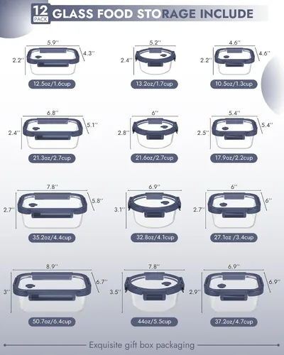 Miniatura 2 de Paquete de 12 recipientes de vidrio con tapas templadas, borosilicato, aptos para horno (-4 °F ~ 950 °F), herméticos, sin BPA, varios tamaños