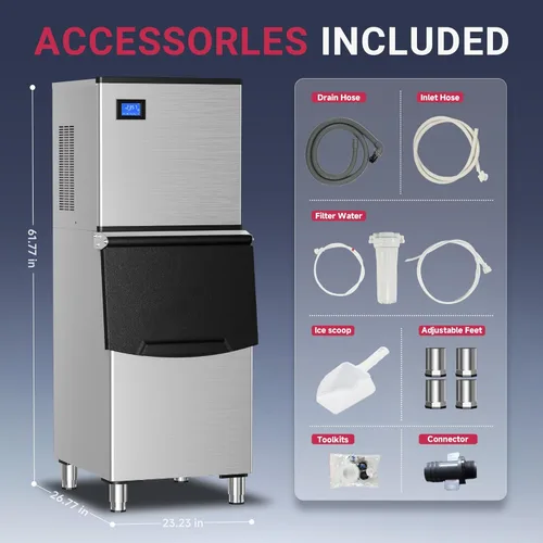 Miniatura 9 de ICYGLEE - Máquina comercial para hacer hielo de 400 libras/día con contenedor de almacenamiento de 220 libras, máquina de hielo industrial