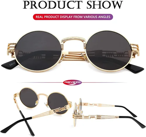 Miniatura 6 de AIEYEZO Gafas de sol redondas steampunk Circle Lennon Hippie, marco de metal, lente de bloqueo UV 100%