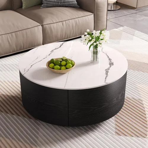 Miniatura 32 de KEVINSPACE Mesa auxiliar negra con borde dorado en la parte inferior, mesa de centro redonda para espacios pequeños, mesa auxiliar de madera mesita