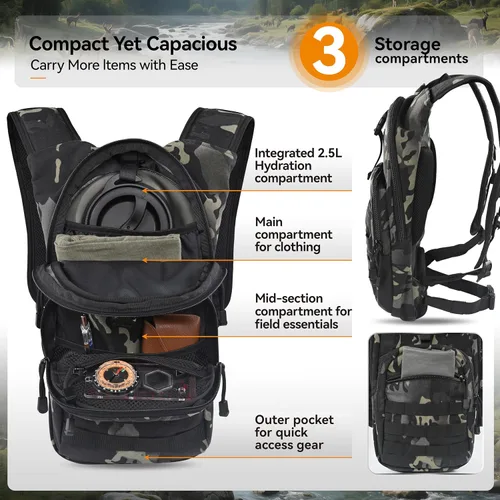 Miniatura 3 de MARCHWAY Mochila de Hidratación Táctica Molle con Vejiga de Agua de TPU de 2.5L, Mochila Militar Organizada de Perfil Bajo para Senderismo, Camo