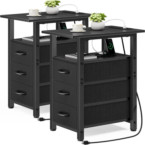 Miniatura 15 de Vagusicc Mesita de noche negra con estación de carga y luces LED, mesa auxiliar estrecha, mesita de noche LED con 3 cajones de tela para dormitorio