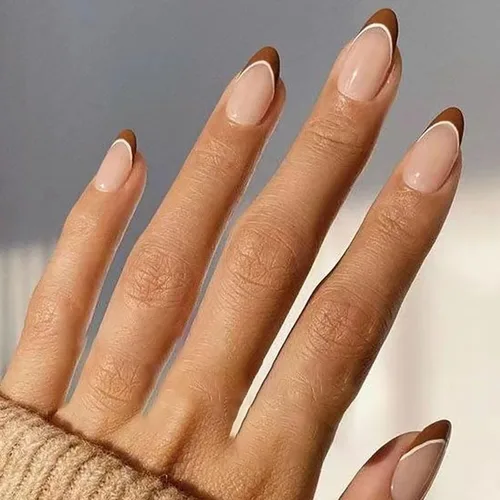 Miniatura 16 de Uñas postizas cortas a presión, uñas postizas de otoño con punta francesa, color marrón, cobertura completa, con diseños de remolinos marrones, uñas