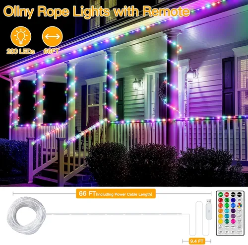 Miniatura 3 de Ollny Cuerda de luces para exteriores que cambian de color, 66 pies, 200 luces LED impermeables enchufables de Navidad con control remoto, 16