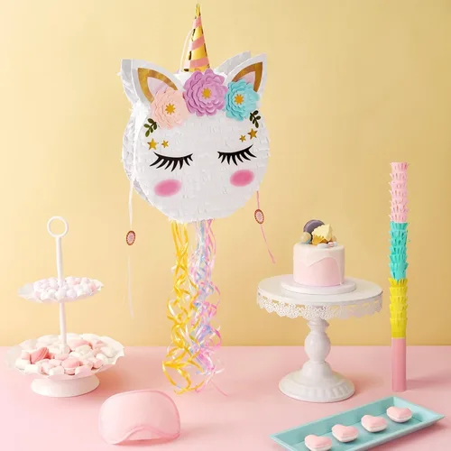Miniatura 6 de Piñata plegable de unicornio, suministros para fiesta de cumpleaños, piñata extensible con bate y flecos, decoración de fiesta temática, piñatas