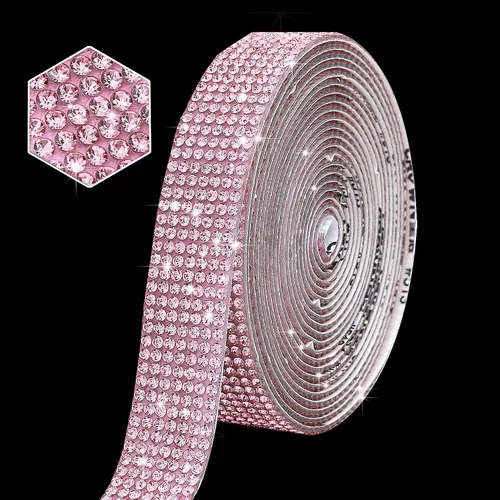 Tiras autoadhesivas de diamantes de imitación rosas, 3 yardas con diamantes de imitación de 0.079 pulgadas para decoración de automóviles y