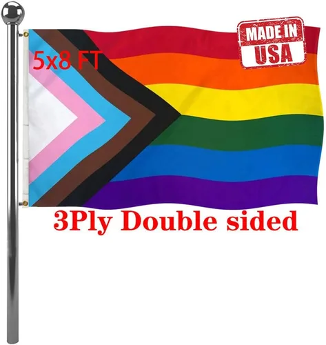 Miniatura 8 de Jayus Bandera de arco iris de doble cara inclusive Progress Pride de 2 x 3 para exteriores, banderas de arcoíris LGBTQ resistentes con 2 ojales