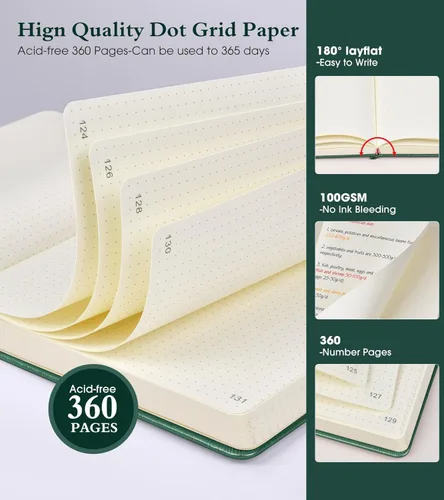 Miniatura 2 de Ansopu Cuaderno de puntos, 360 páginas numeradas, cuadrícula de puntos, de 8.5 x 11 pulgadas, papel de punto de 100gsm, tapa dura gruesa, de cuero