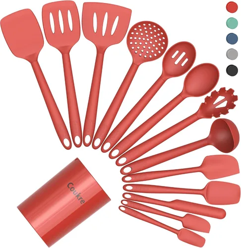 Miniatura 15 de Coukre Juego de utensilios de cocina de silicona con soporte, resistentes al calor, herramientas de cocina de grado alimenticio, espátula, cuchara
