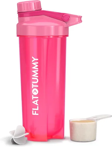 Flat Tummy Botella mezcladora de proteínas con almacenamiento de polvo, mezclador de botellas rosa de 20 onzas, mezclador de proteínas con bola