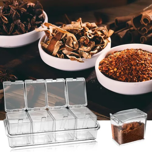 Miniatura 4 de Caja de condimentos transparente, 4 piezas de recipientes para especias con tapa y cuchara, recipientes de acrílico para condimentos con tapa