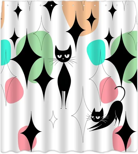 Miniatura 4 de Mid Century Black Cat Shower Curtain Modern Atomic Abstract Geometric Iconic Pattern Retro Black Kitty Animal 1950s 1960s Vintage Funny Teal Fabric