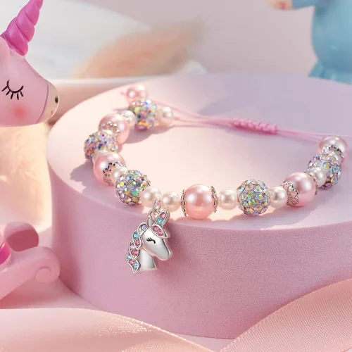 Miniatura 3 de HGDEER Valentines Day Gifts for Little Girls Unicorn Bracelet for DaughterGranddaughterNiece Pink Pearl and Rhinestone Balls Bracelet Adjustable