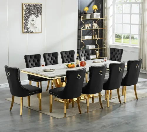 Miniatura 15 de Juego de mesa de comedor grande y moderna de mármol sintético blanco de 94.5 pulgadas, juego de mesa de comedor de 10 piezas con 10 sillas tapizadas