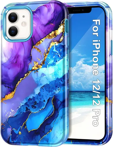 Miniatura 14 de Btscase para iPhone 12/iPhone 12 Pro, funda resistente de tres capas de mármol a prueba de golpes, cuerpo completo, PC duro + parachoques de TPU