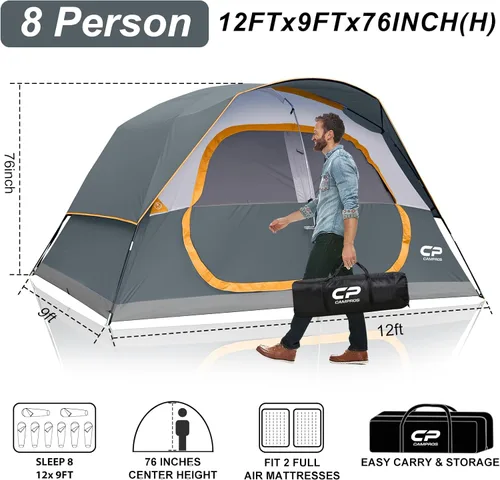 Miniatura 2 de CAMPROS CP Upgraded 6/8 Person Camping Tents, Waterproof Windproof Family Tent with Larger Mesh Windows & Door, Double Layer, Easy Set Up, gris