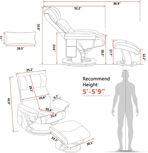 Miniatura 3 de MCombo Sillones reclinables giratorios con otomana, sillas reclinables de TV con masaje por vibración, silla ergonómica de piel sintética para sala