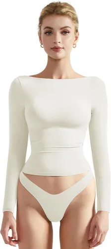 Miniatura 6 de SUUKSESS Camiseta de mujer con cuello redondo, manga larga, doblemente forrada, ajustada y corta