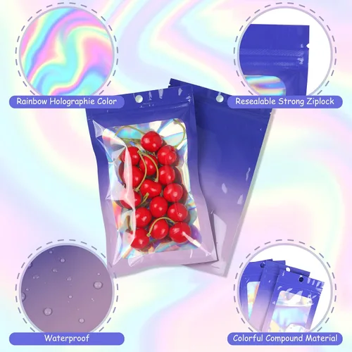 Miniatura 25 de 120 bolsas de tereftalato de polietileno a prueba de olores, bolsa de embalaje holográfica resellable con ventana transparente para alimentos
