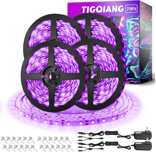 TigQiang Tira de luz negra, 79 pies/78.7 ft de luz negra flexible con kit, 1440 cuentas de lámpara, luz LED de 12 V, decoración de Navidad de