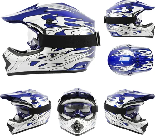 Miniatura 8 de TCT-MOTORPARTS - Casco para niños o jóvenes con lentes y guantes, aprobado por el DOT, para motocross, modelo de llama azul, para cuatrimoto y fuera