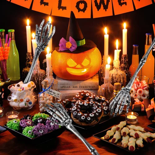 Miniatura 2 de DECHOUS 2 cucharas de ensalada de mano de esqueleto, cuchara de ensalada de plástico con garra de calavera de Halloween para servir vajilla