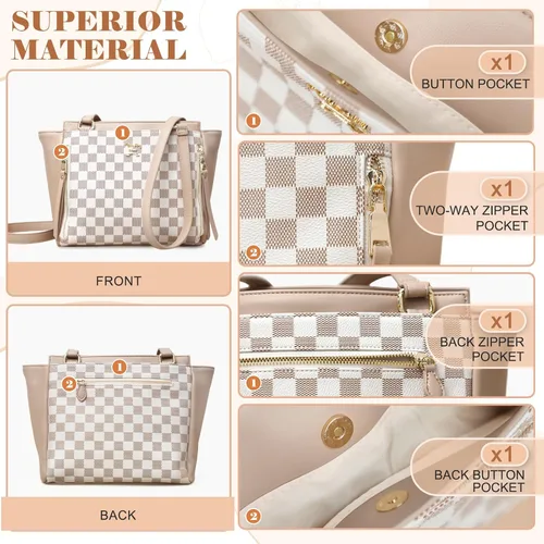 Miniatura 5 de miss fong Bolsa de pañales pequeña a cuadros, bolsa cruzada para pañales, bolsa de pañales, bolsa cruzada de cuero para mujer, color beige y miel