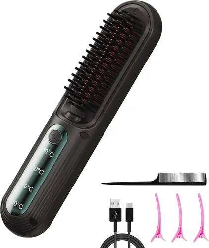 Cepillo iónico inalámbrico para alisar el cabello, cepillo de pelo recargable por USB de calentamiento rápido con 4 ajustes de temperatura para un