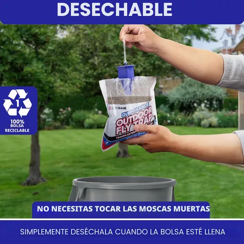 Miniatura 5 de Trampas para moscas para exteriores para patio. 2 bolsas no tóxicas para moscas precebadas desechables para exteriores. Atrapasinsectos colgantes