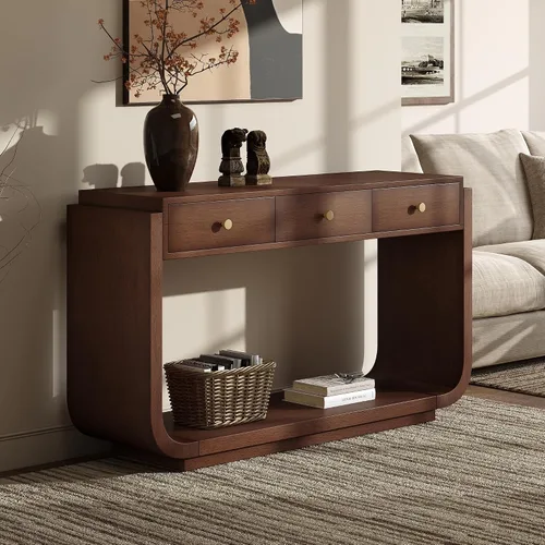 Miniatura 37 de 50" Modern Art Sculptural Console Table, Oval Cutout Legs, Wood Veneer, Thick Rounded Tabletop, Contemporary Entryway Sofa Table for Living Room