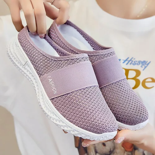 Miniatura 5 de Pantuflas planas de malla de punto para mujer, tela de malla transpirable sin espalda, antideslizantes, suela suave, cómodas, sin cordones