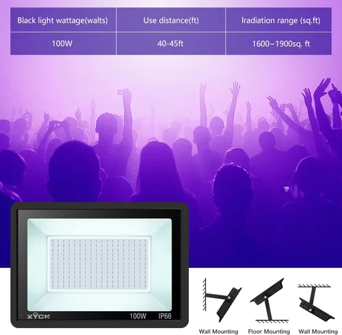 Miniatura 7 de XYCN Paquete de 3 Luces Negras LED de 100W, Reflector de Luz Negra con Enchufe e Interruptor, IP66 Impermeable Resplandor Neón para Fiesta, Paquete