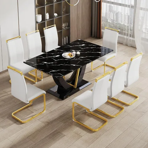 Miniatura 9 de Juego de mesa de comedor de 71 pulgadas para 8, juego de mesa de comedor de mármol sintético negro para 8, juego de mesa de cocina rectangular