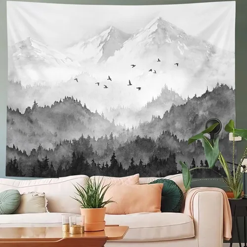 Miniatura 4 de kampdream Tapiz de bosque de montaña, tapiz de pared con diseño de árbol blanco y negro brumoso, paisaje de acuarela, tapiz de paisaje natural
