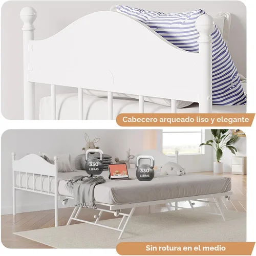 Miniatura 5 de Sofá cama con nido, cama de metal tamaño individual con cabecera elegante, marco de sofá cama con cama nido desplegable emergente, plataforma