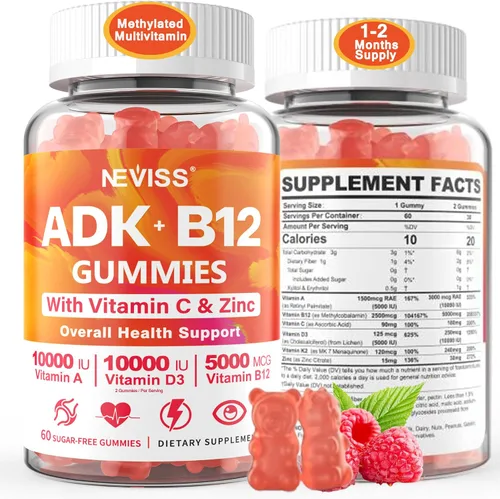 Miniatura 9 de Gomitas ADK+Vitamina B12 sin Azúcar - Vitamina D3 K2 10,000UI/ 5000UI, B12 5000 mcg 2500 mcg, K2 (MK-7) 240 mcg, Multivitamínico para Adultos