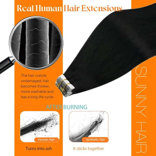 Miniatura 7 de Sunny Hair - Extensiones adhesivas de cabello humano, 24 pulgadas, cinta invisible, color negro azabache, para mujeres, 1.76 onzas, 20