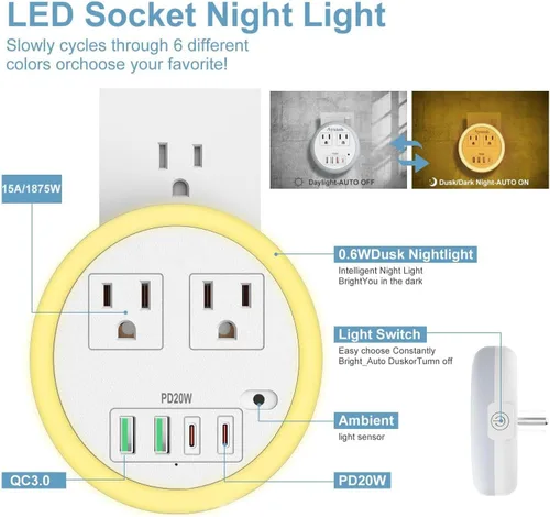 Miniatura 6 de Luces LED nocturnas enchufables a la pared, luz nocturna enchufable con 4 puertos USB y 2 tomacorrientes, sensor inteligente de atardecer a