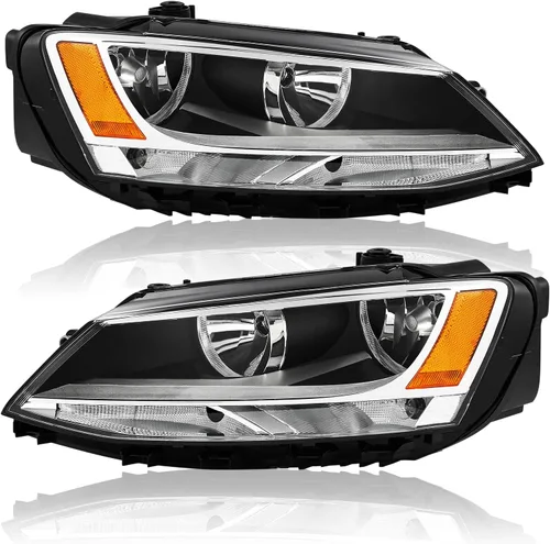 Miniatura 10 de Conjunto de faros delanteros compatible con Volkswagen Jetta MK6 11-18, modelo halógeno, carcasa negra, esquina ámbar