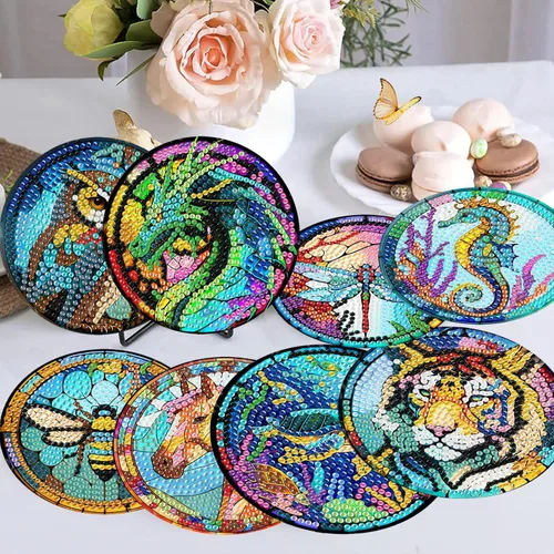 Miniatura 2 de Meothan Juego de 8 posavasos de arte de diamante para adultos con soporte, almohadillas de corcho, posavasos de arte de puntos de diamante de vidrio